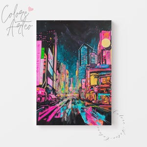 Neon Metropolis Night Printable - Dipinto di paesaggio urbano cyberpunk, arte murale futuristica e malinconica, opera d'arte digitale fantascientifica 361