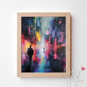 Futuristic Neon City at Night - Moody Cyberpunk Skyline, Vibrant Urban Wall Art, Modern Digital Painting, Printable Sci-Fi Decor 9