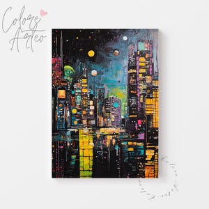 Skyline futuristico al neon stampabile - Dipinto di paesaggio urbano cyberpunk, Arte murale di notte urbana malinconica, Opera d'arte digitale fantascientifica 359