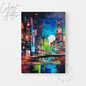 Paesaggio urbano di fantascienza di notte stampabile - Dipinto cyberpunk futuristico, vivace arte murale urbana, opera d'arte digitale al neon malinconica 362