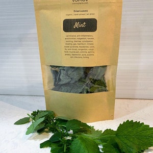May include: A kraft paper bag of dried mint leaves with a clear window, and a sprig of fresh mint. The bag has the text "Mint" and a list of benefits. The fresh mint has green leaves and stems.