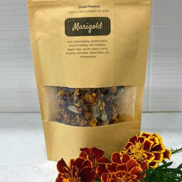 Organic Marigold Flowers Dried Cut, 100% Premium, Home-grown, No GMO, No Pesticides, Hand-Picked, Air-Dried, Tea, Spice, Soap, Crafts