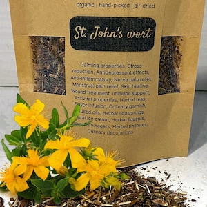 Flores de hipérico orgánicas cortadas y secas, 100 % de primera calidad, cultivadas en casa, sin OGM, sin pesticidas, recolectadas a mano, secadas al aire, para té, especias, jabón y manualidades