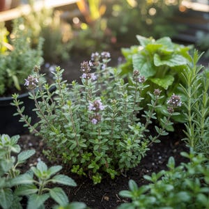 May include: A close-up of a thyme plant with small, pale purple flowers and green leaves. The thyme is surrounded by other herbs in a garden setting, with sunlight in the background. A natural, outdoor shot.