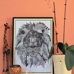 Abstract Lion ink drawing art print multi pattern zentangle