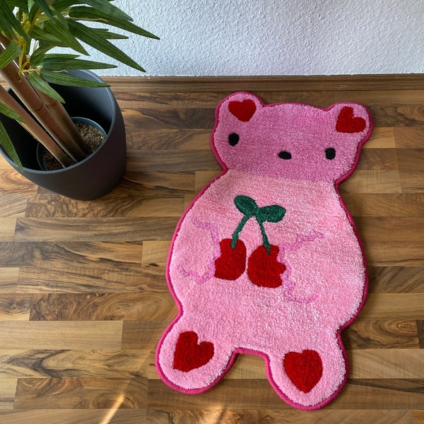 Cute pink bear with cherries rug carpet, Kawaii rug for living room, kids bedroom soft mat, Cute Room Decor, cartoon rug, animal carpet