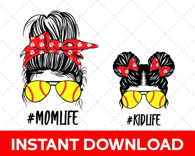 SVG /& PNG - Digital Design, Instant Download Baseball Messy Bun Girl Hair Pattern Bundle Easy to Use Silhouette Happy Mothers Day Softball