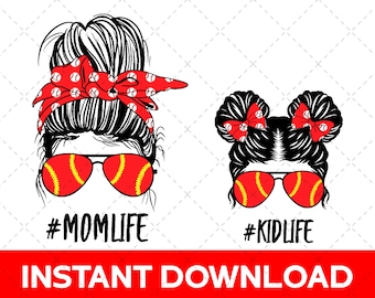 SVG /& PNG - Digital Design, Instant Download Baseball Messy Bun Girl Hair Pattern Bundle Easy to Use Silhouette Happy Mothers Day Softball