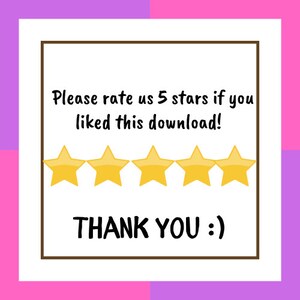 Op de afbeelding: Een wit vierkant met een bruine rand bevat de tekst "Geef ons 5 sterren als je deze download leuk vond!" en "BEDANKT :)". Vijf gele sterren worden onder de tekst weergegeven.