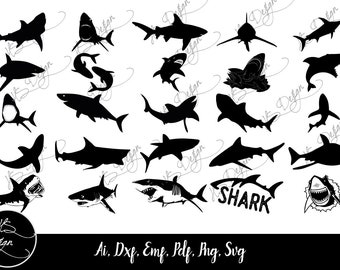 25 sagome squalo SVG, Shark svg Clip Art Bundle, Shark DXF Cut Files, Clipart Shapes, Shark Head, Boy Shark, Shark PNG, Shark Download