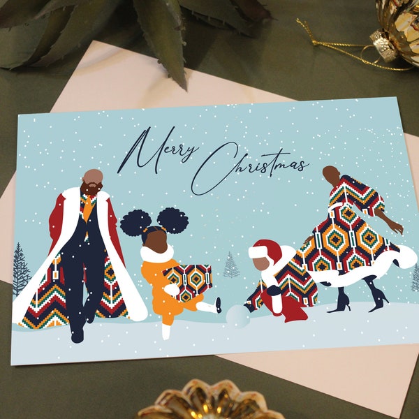Merry Christmas, Black Family gathering in the snow, Festive Season, Black cards, Diverse cards, Christmas traditions, Black Love