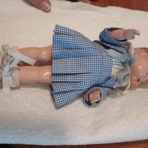 Vintage 1930s Effanbee Tinyette Composition Doll 7.5” - As-Is For Restoration or Parts - Blue Gingham Dress Outfit