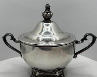 Antique Silver Plated Lidded Sugar Bowl | Double Handle | footed base /ornate Serving Wm. Rogers Silver Plate
