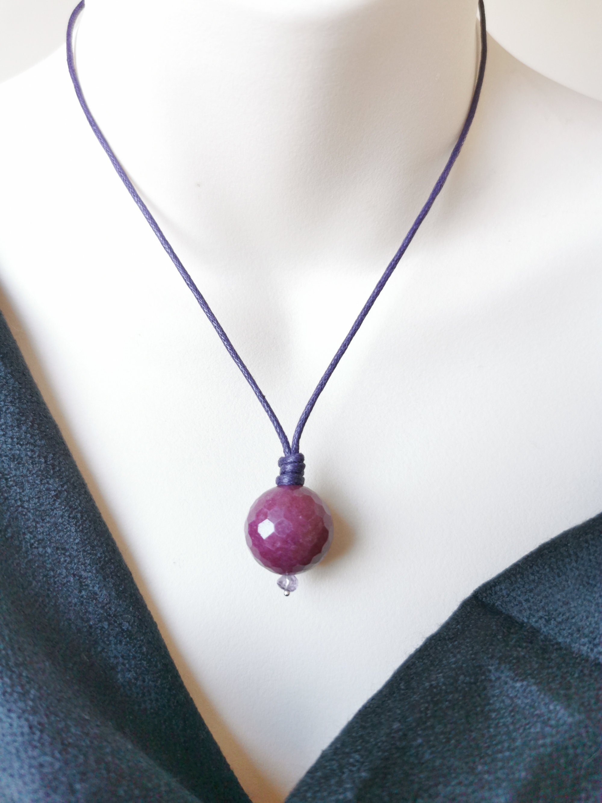 Large Faceted Purple Jade Pendant Adjustable Cord Necklace Etsy UK