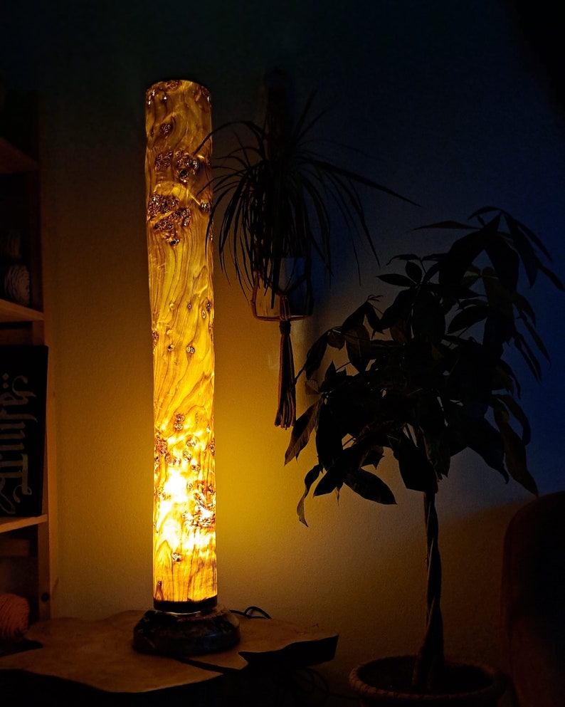 May include: A wooden floor lamp with a cylindrical shade made from a tree trunk. The lamp is lit and casts a warm glow on the surrounding area. A potted plant is visible in the background.