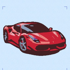 Può includere: Ricamo di un'auto sportiva rossa con ruote e dettagli grigi. L'auto è raffigurata su uno sfondo azzurro. Il design è dettagliato, mostrando le linee eleganti e le caratteristiche dell'auto.