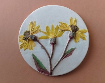 Arte mural de yeso Arte mural en bajorrelieve Azulejo floral Pintura escultórica Bajorrelieve pintado Pintura redonda Decoración de pared rústica Decoración del hogar Ucrania