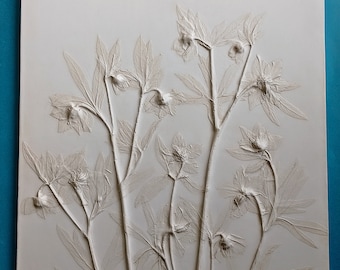 Botanical bas-relief Plaster decor Large relief art Plaster flowers Swedish home decor Over the bed wall decor Large white floral wall art