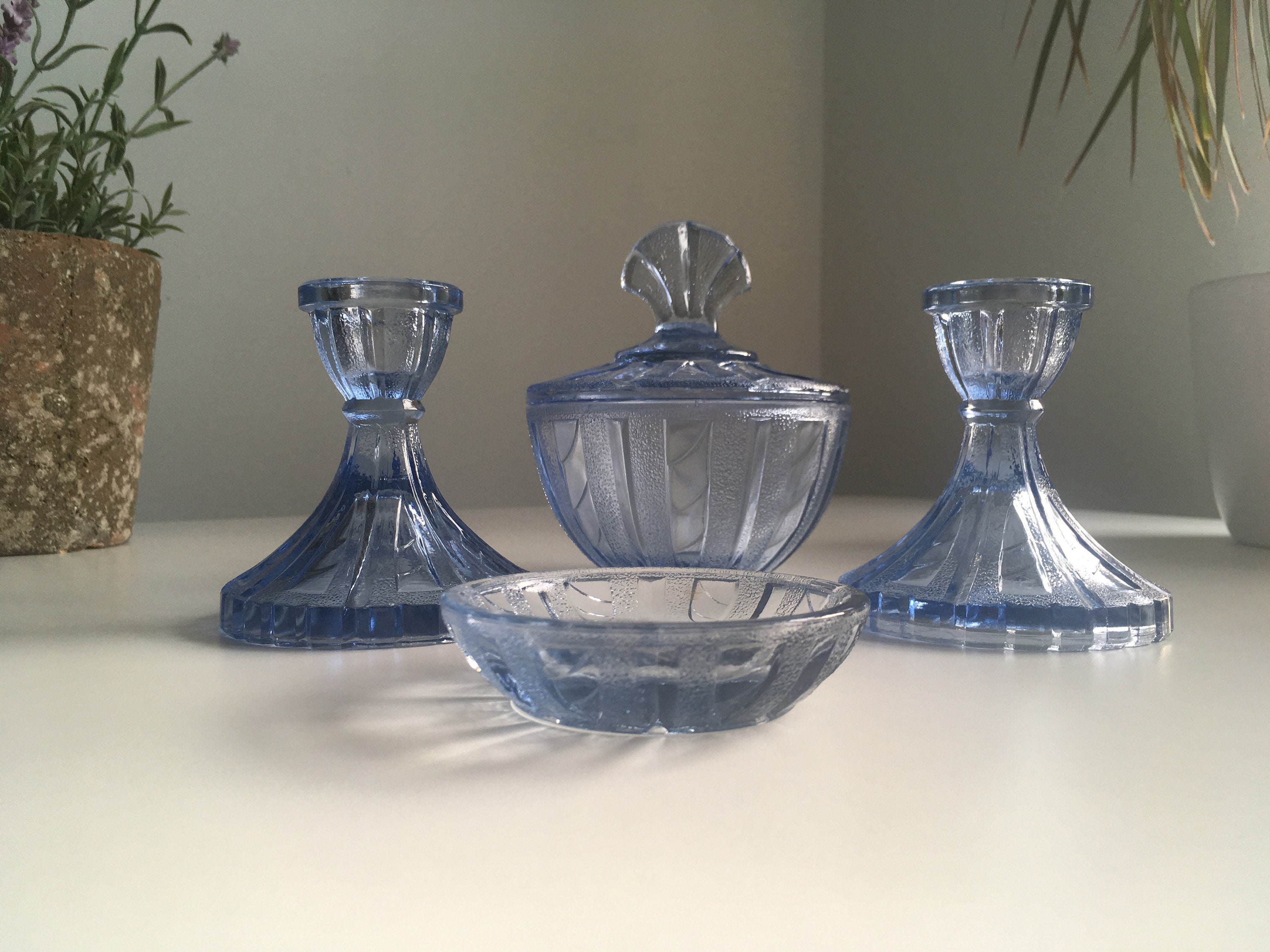 blue glass dressing table set Art Deco Ice Blue Glass dressing table set main image 1