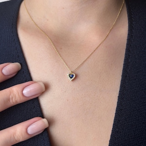 Blue Heart Necklace, Gold Pendant with Crystal Stones, Dainty Romantic Jewelry, Gift for Women, Everyday Necklace, Elegant Anniversary Gift