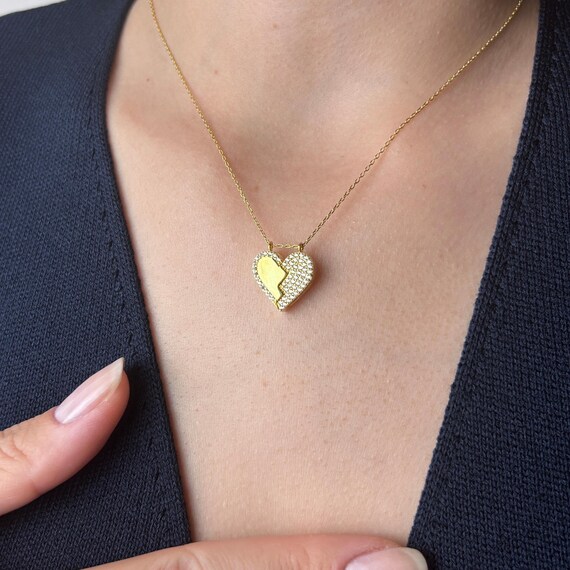Broken Heart Necklace, Gold Crystal Pendant Jewelry, Dainty