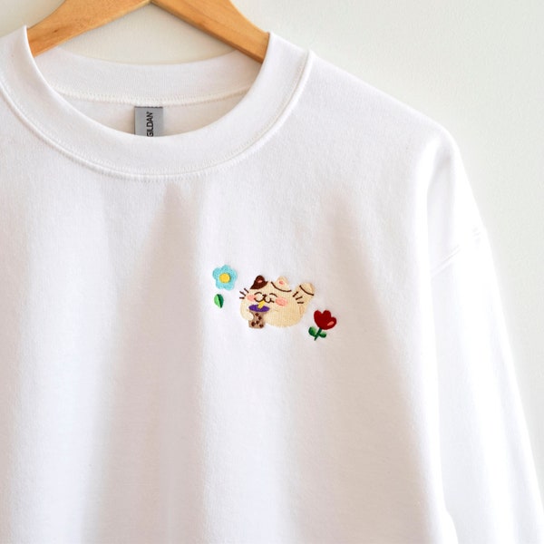 Jancat Embroidered Crewneck Sweatshirt - Oversized Comfort - Cat Mom Shirt - Minimalistic Style - Aesthetic Boba Shirt