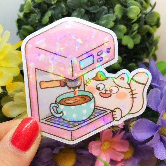 Autocollants pour chat - Coffee Love - Vinyle holographique - Imperméable à l’eau - Cadeau Kawaii