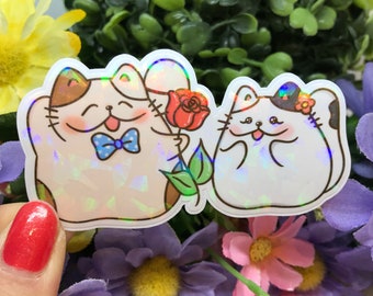 Cat Stickers - Holographic Vinyl - Waterproof - Cute Kitten Couple Art - Love & Care