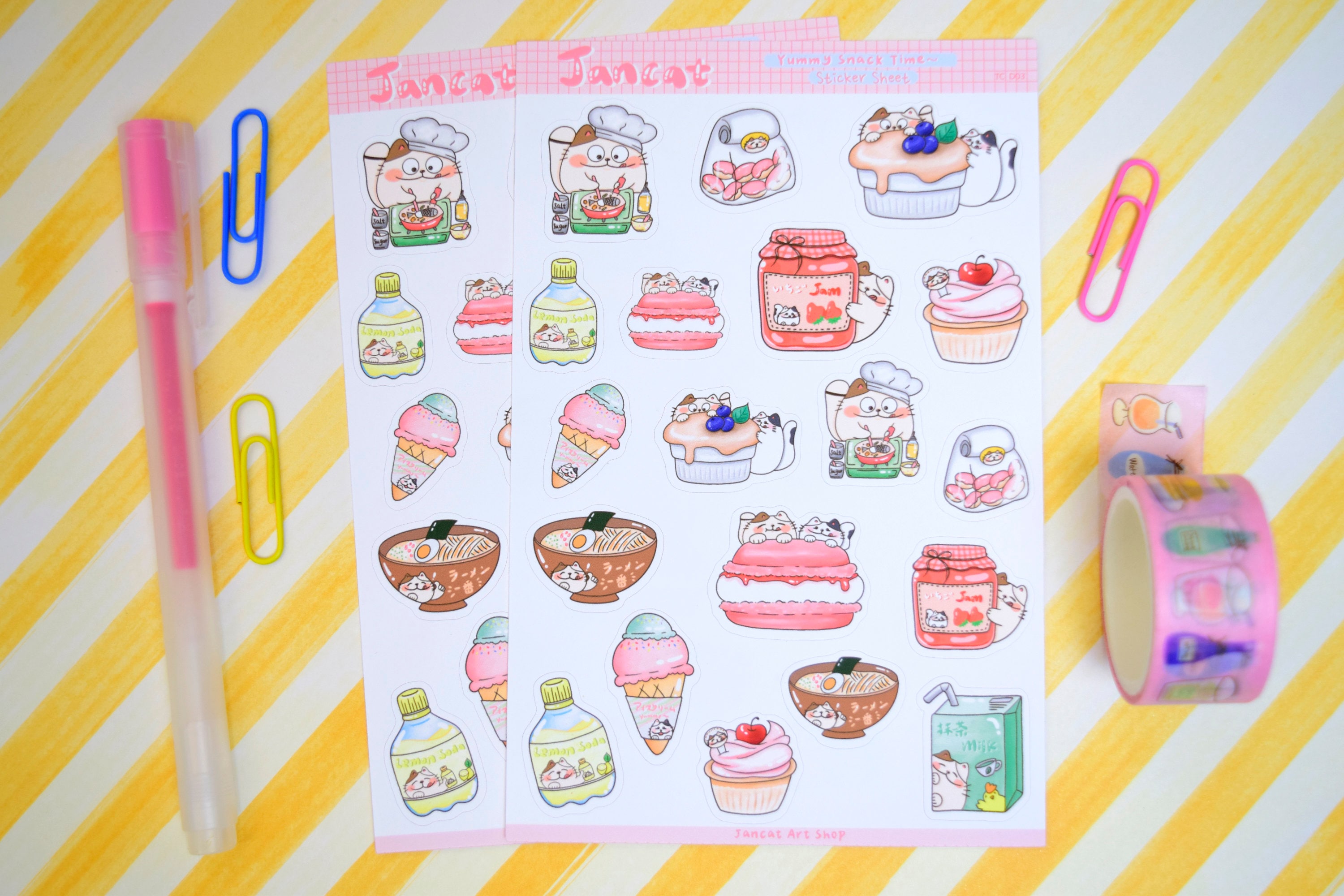 jancat kawaii journal sticker sheet food illustration cute