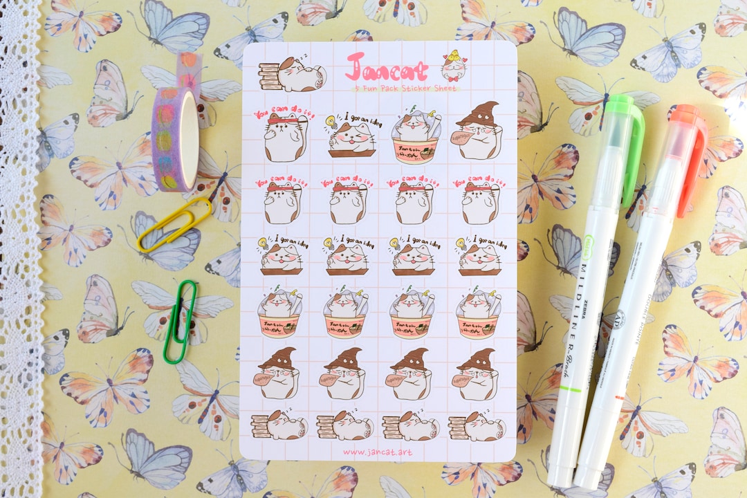 Journal Sticker Sheet 5 Fun Cats Cute Cat Sticker 25 Planner Stickers ...