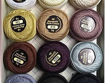 WonderFil Eleganza Embroidery Thread Set - Twelve Balls of #8 Egyptian Perle Cotton, 42 yards / 5 grams Each - NEUTRALS