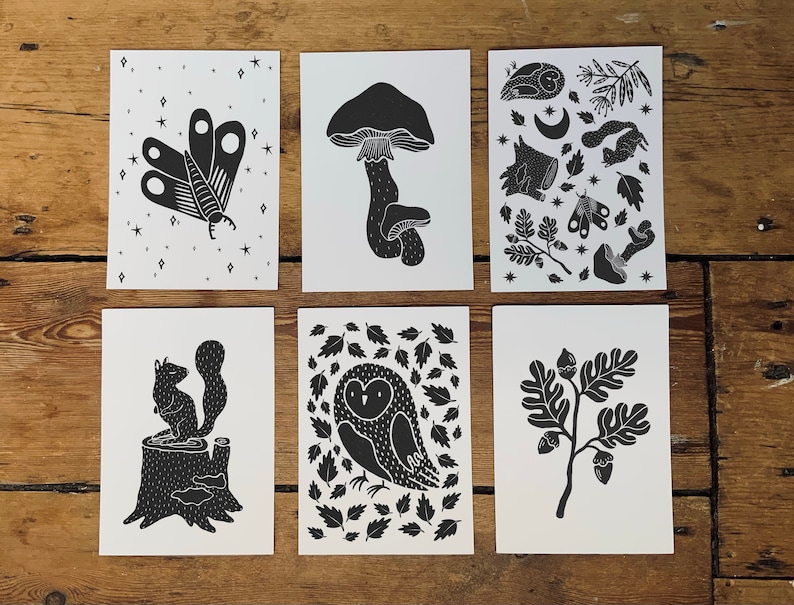 owl Woodland themed postcard pack vintage mushroom moth illustrations squirrel autumn and winter greeting cards acorn homemade