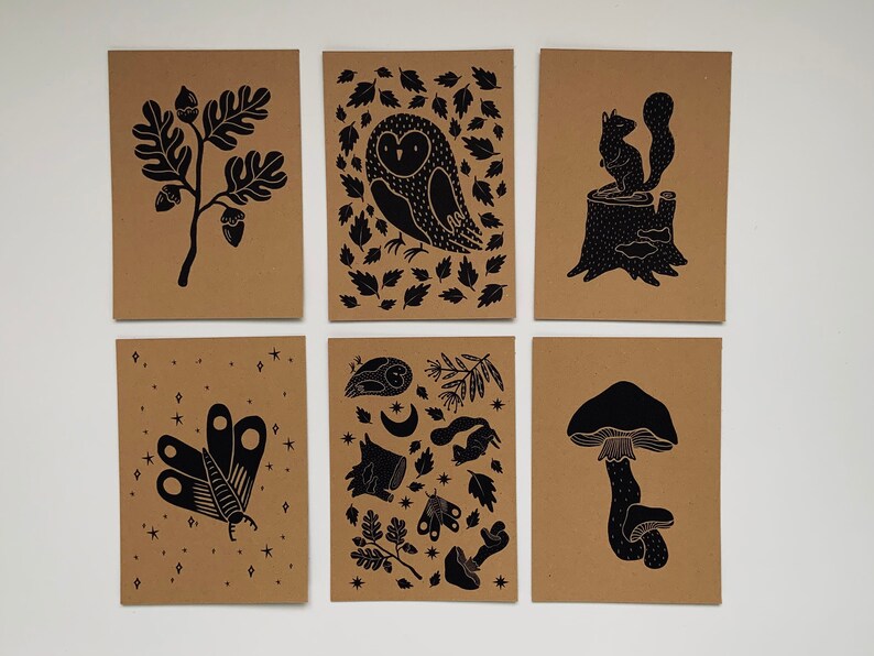 owl Woodland themed postcard pack vintage mushroom moth illustrations squirrel autumn and winter greeting cards acorn homemade
