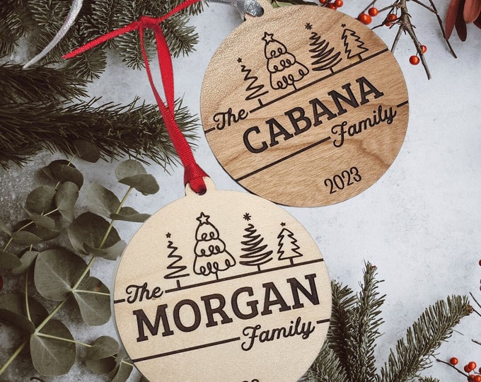 Personalized Family Name Ornament Whimsical Trees - Stocking Tag, Gift Tag - Christmas Ornament