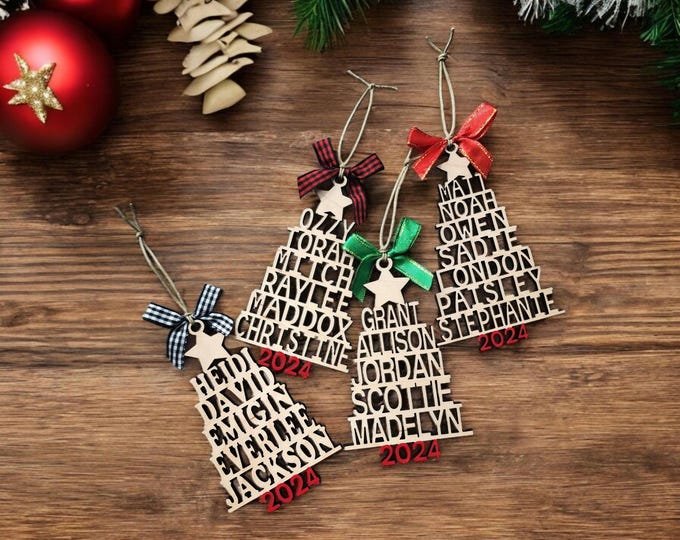 Family Name Christmas Tree Shaped Ornament 2024 2-10 names