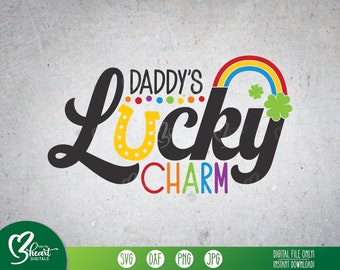 Daddy's Lucky Charm, Kids St Patrick's Day Shirt, Rainbow Clipart, Four Leaf Clover Cut File, Horseshoe PNG