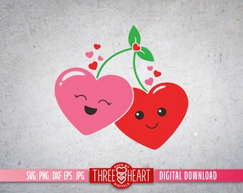 Cherry Hearts SVG, BFF Valentines Girls SVG, Food Valentine Clipart, Kids Valentine Cut File, Cherry Cute Clipart