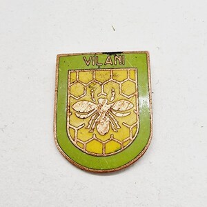 May include: A green and gold metal pin with a bee and honeycomb design. The text "VILANI" is printed on the pin.