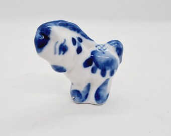 Very rare soviet Porcelain figurine white blue Horse stallion Gzhel cobalt hand painting Russia USSR 1970-80s