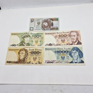 Set of 5 Vintage Polish Zlotych Currency Paper Banknotes of 1980s