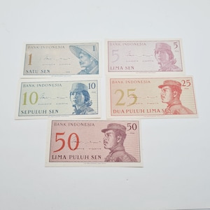 Indonesien 1, 5, 10, 25 und 50 Sen-Banknoten, unzirkuliert 1964