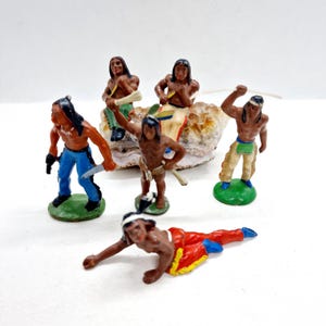 Vintage Elastolin Indian Warrior Figurines - 1970s German Toys - Set of 6