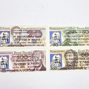 Edizione speciale di banconote in zloty polacchi - Set di 4 banconote in carta moneta zloty polacche d'epoca con Papa Giovanni Paolo II del 1999