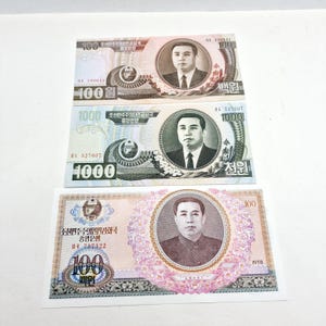 Vintage set of 3 Korean 100 Won of 1978 and 1992, 1000 Won of 2006 banknotes
