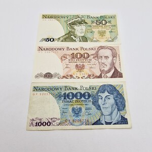 Set of 3 Vintage Polish Zlotych Currency Paper Banknotes of 1980s