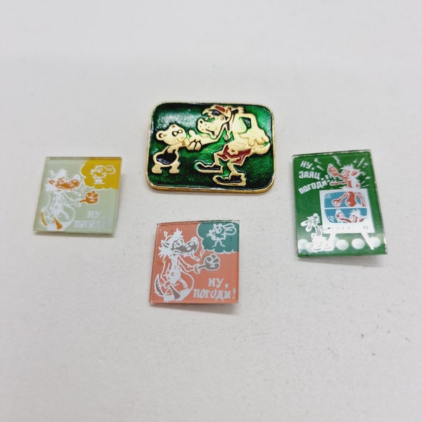 Nu pogodi pins - Rare Soviet Vintage Set of 5 Pins with a Wolf and Rabbit from "Nu Pogodi" cartoon Made in USSR in 1970s