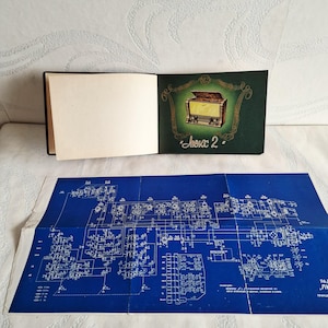 Puede incluir: Un folleto abierto con páginas en blanco junto a una cubierta verde con una ilustración de radio vintage y el texto "Люкс 2". Debajo, se ve un diagrama esquemático azul con líneas y texto blancos.