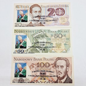 Edizione speciale di banconote in zloty polacchi - Set di 3 banconote in carta moneta zloty polacche d'epoca con Papa Giovanni Paolo II del 2004