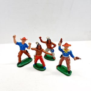 Vintage German Elastolin Toy Figures Cowboys and Indians - Set of 2 Cowboy  and 2 Indians figurines, Made in Germany in 1970s