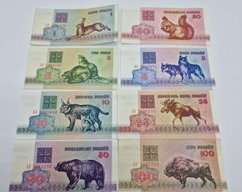 Vintage Belarus rubles - set of 8 banknotes - Belarus kopecks Issued in 1992